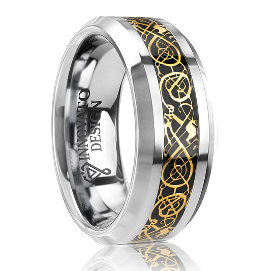 DRAGON 8mm Gold Celtic Dragon Tungsten Carbide Men Wedding Band Ring Comfort Fit
