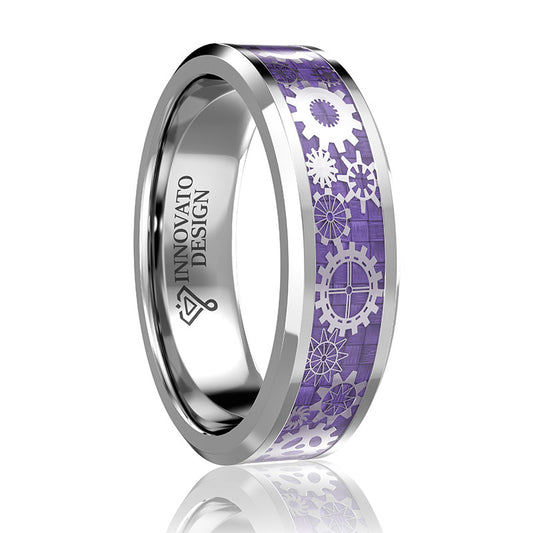 Silver Tungsten Carbide in Lavender Inlay with Gear Design Wedding Band-Rings-Innovato Design-7-Innovato Design