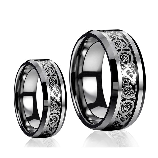 His & Her's 8MM/6MM The Celtic DRAGON Design Tungsten Carbide Wedding Band Ring Set