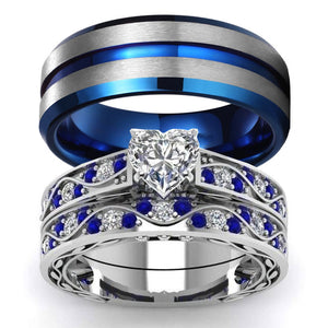 Blue Silver and White Heart Rhinestone & Cubic Zirconia Stainless Steel Wedding Ring Set-Couple Rings-Innovato Design-6-5-Innovato Design