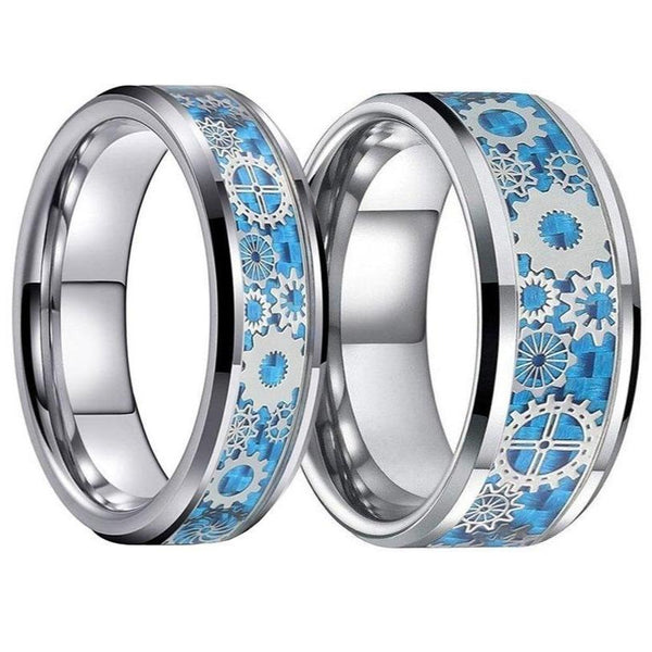 Blue & Silver Carbon Fiber with Gear Inlay Tungsten Matching Wedding Ring Set-Couple Rings-Innovato Design-6-5-Innovato Design