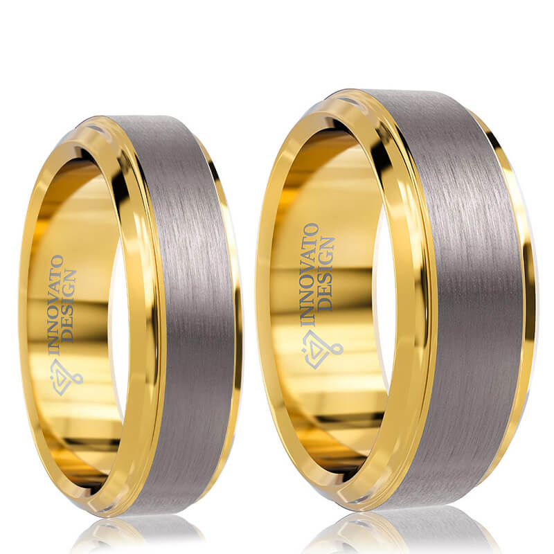 His & Her 6mm/8mm Matte Brushed Yellow Gold Plated Wedding Band Set-Ring-Innovato Design-6-5-Innovato Design