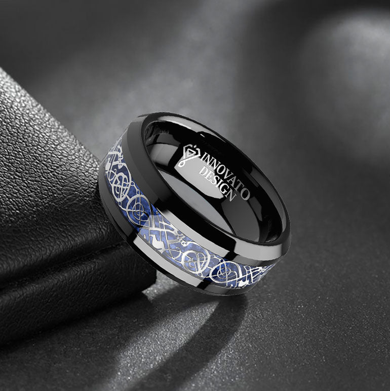 8mm Dragon Silver Inlay Black Over Blue Tungsten Carbide Wedding Comfort Fit Ring for Men-Rings-Innovato Design-5-Innovato Design