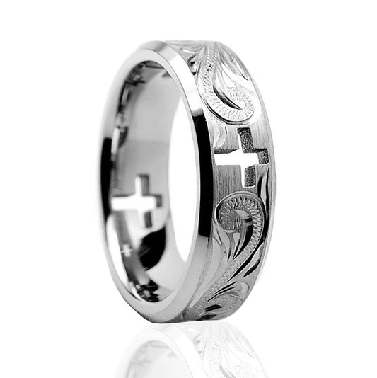 7mm Titanium Ring Hollow Cross Cut Out Hand Floral Design