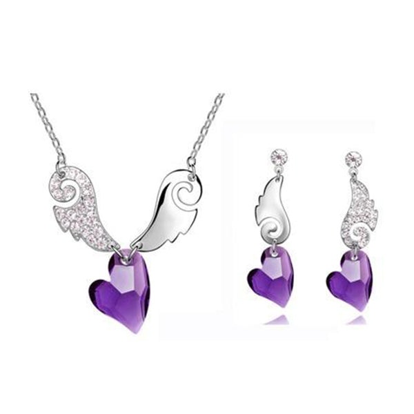 Austrian Crystal Heart and Rhinestone Angel Wings Necklace & Earrings Fashion Jewelry Set-Jewelry Sets-Innovato Design-Purple-Innovato Design