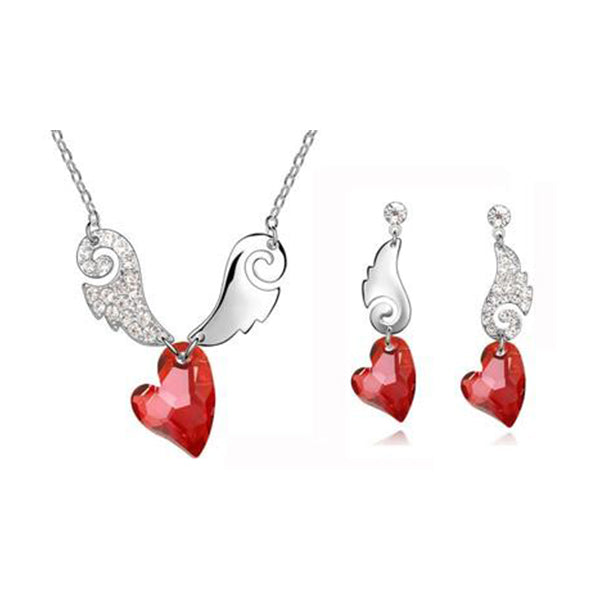 Austrian Crystal Heart and Rhinestone Angel Wings Necklace & Earrings Fashion Jewelry Set-Jewelry Sets-Innovato Design-Red-Innovato Design