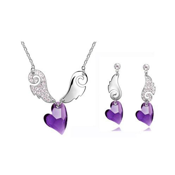Austrian Crystal Heart and Rhinestone Angel Wings Necklace & Earrings Fashion Jewelry Set-Jewelry Sets-Innovato Design-Purple-Innovato Design