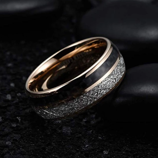 8mm Rose Gold Tungsten Carbon Fiber Meteorite Wedding Band-Rings-Innovato Design-7-Innovato Design