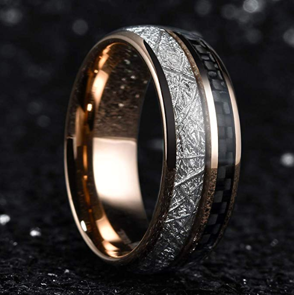 8mm Rose Gold Tungsten Carbon Fiber Meteorite Wedding Band-Rings-Innovato Design-7-Innovato Design