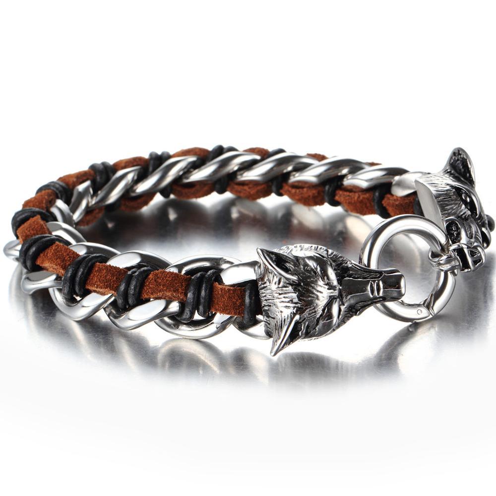 Leather Stainless Steel Bracelet for Men Cuff Braided Bangle Wolf Heads Bracelet-Bracelets-Innovato Design-Brown-Innovato Design