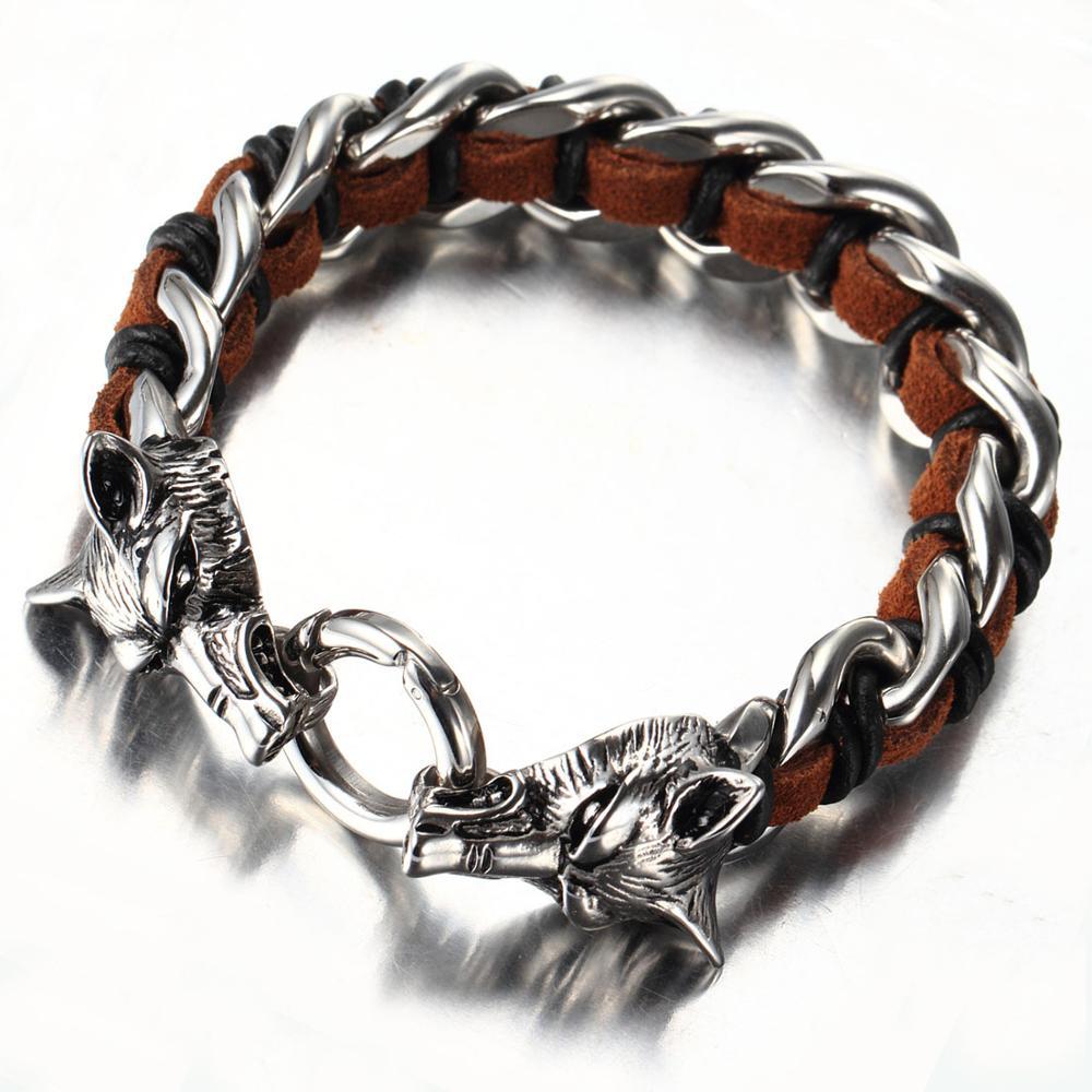 Leather Stainless Steel Bracelet for Men Cuff Braided Bangle Wolf Heads Bracelet-Bracelets-Innovato Design-Brown-Innovato Design