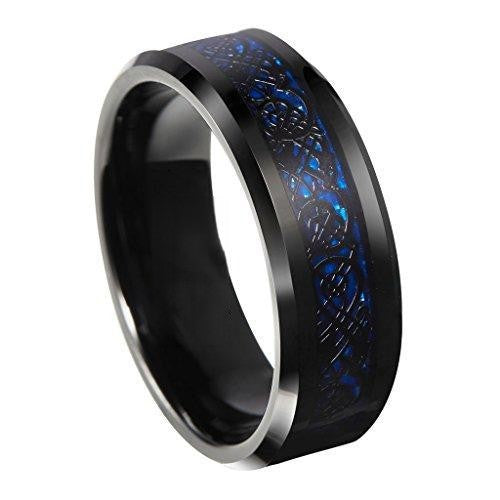 8mm Blue Black Celtic Dragon Tungsten Carbide Ring Wedding Band Size 6-13