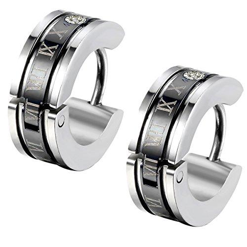 Men's Stainless Steel Engraved Roman Numerals Classic Polished Stud Hoop Huggie Earrings Gold Black Blue-Earrings-Innovato Design-Black-Innovato Design