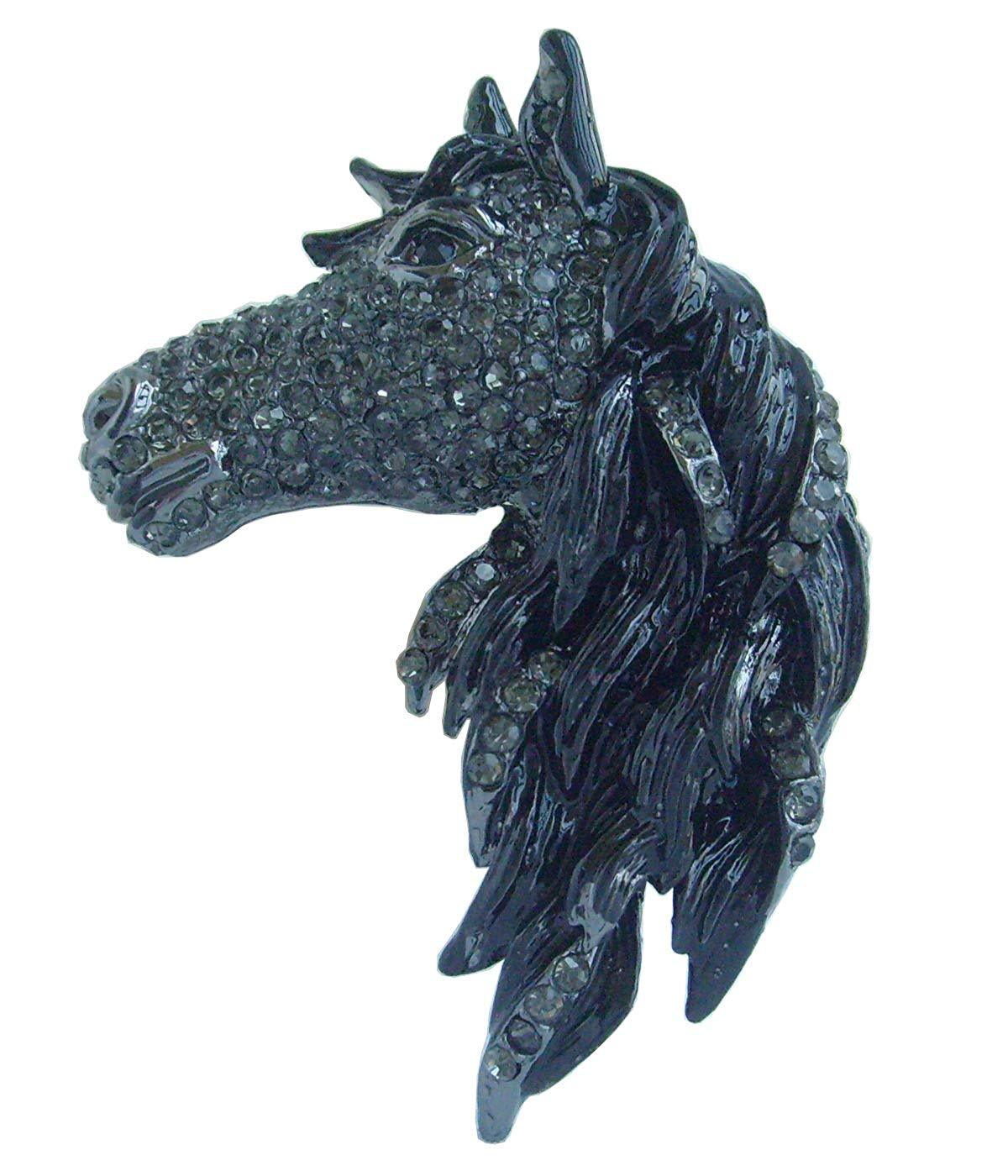 Austrian Crystal Gorgeous Adorable Horse Head Brooch Pin Rhinestone-jewelry-Innovato Design-Black-Tone Gray-Innovato Design