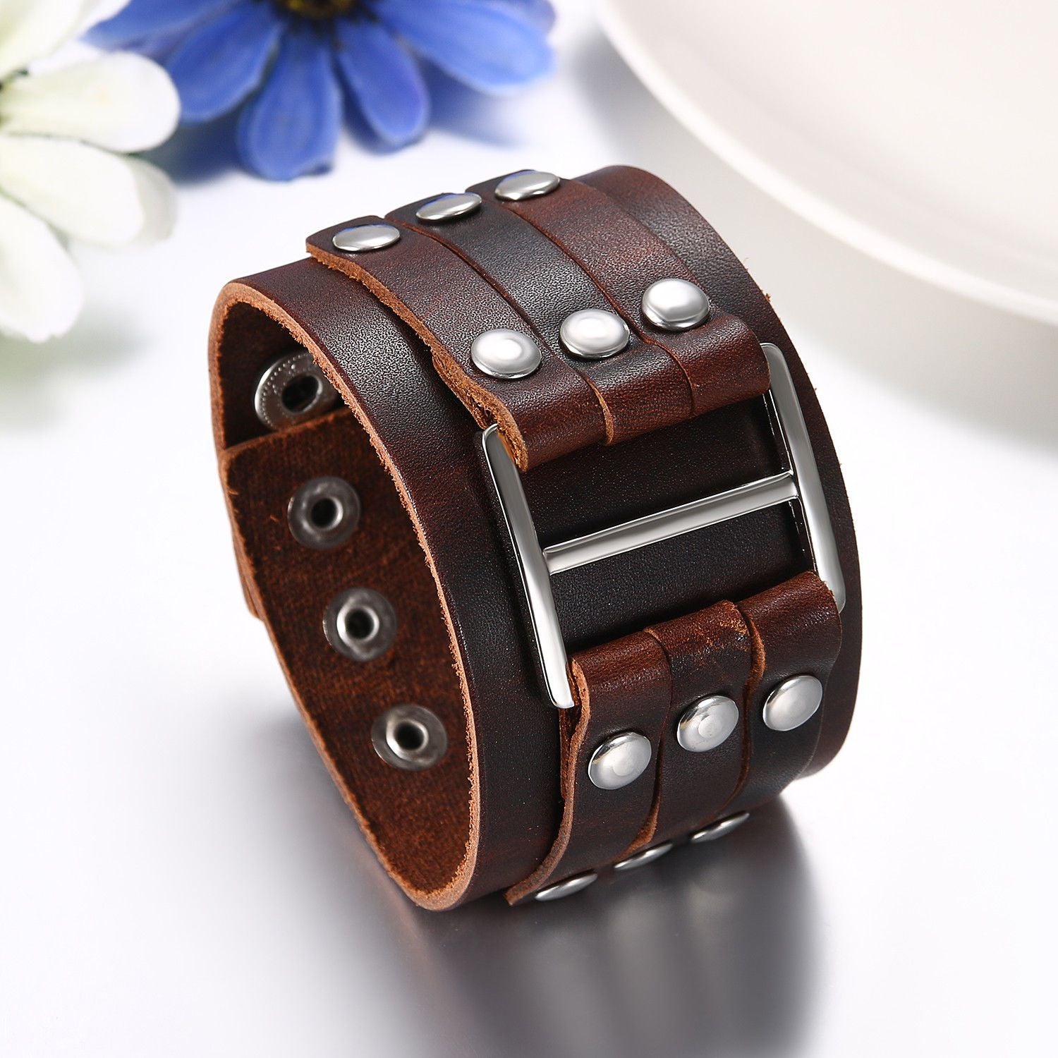 Men's Wide Alloy Genuine Leather Bracelet Bangle Cuff Brown Black Silver Tone Adjustable-Bracelets-INBLUE-black-Innovato Design