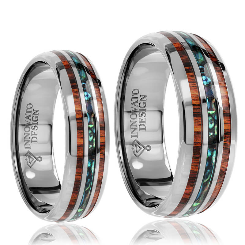 His & Her 6mm/8mm Hawaiian Koa Wood And Abalone Shell Tungsten Carbide Rings Set-Ring-Innovato Design-6-5-Innovato Design