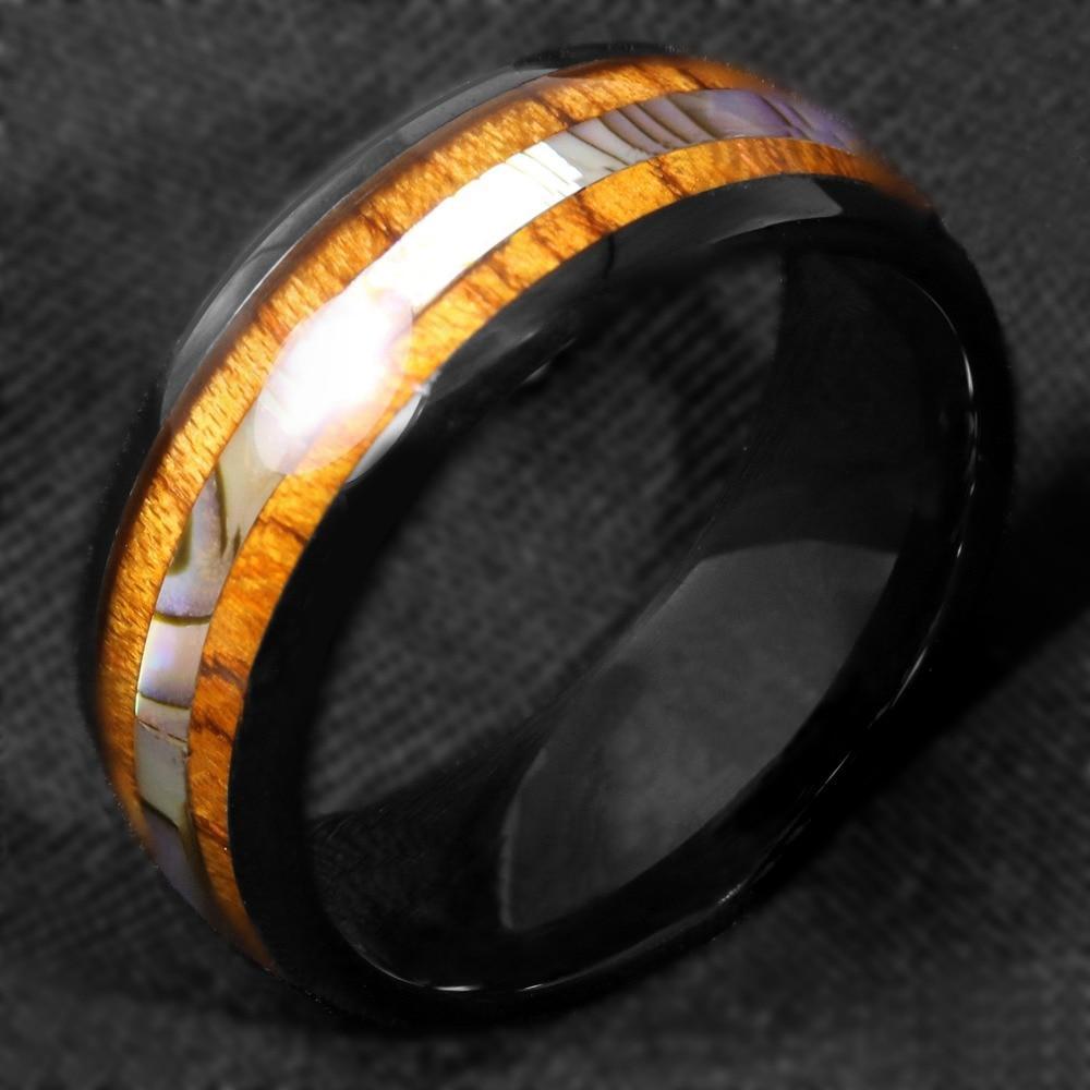 8mm Tungsten Carbide Black Ring with Koa Wood and Abalone Inlay-Rings-Innovato Design-6-Innovato Design