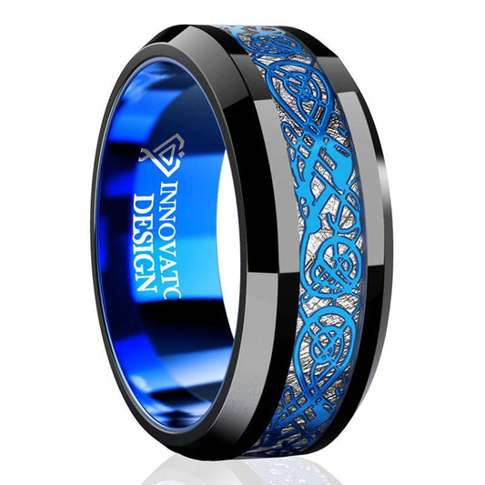 DRAGON Blue Celtic Dragon Tungsten Carbide Ring 8mm Men Black Wedding Band Polished Comfort Fit-Rings-Innovato Design-6-Innovato Design