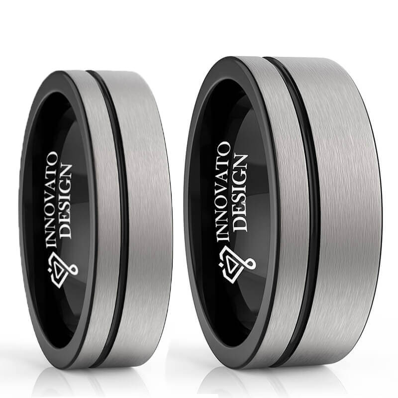 His & Her 6mm/8mm Brushed Matte Grey With Black Groove Tungsten Carbide Rings Set-Ring-Innovato Design-5-5-Innovato Design