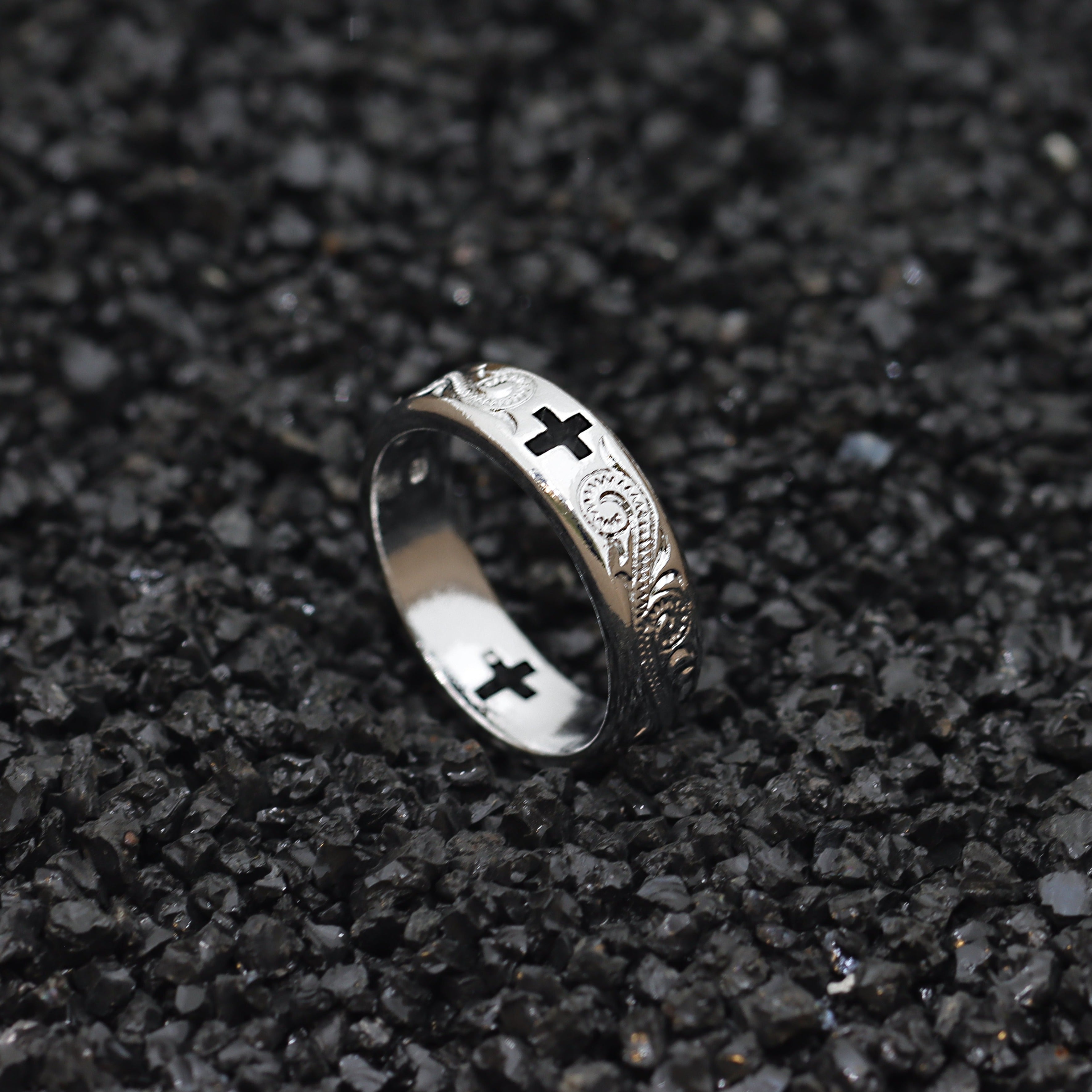 7mm Titanium Ring Hollow Cross Cut Out Hand Floral Design-Rings-Innovato Design-5-Innovato Design