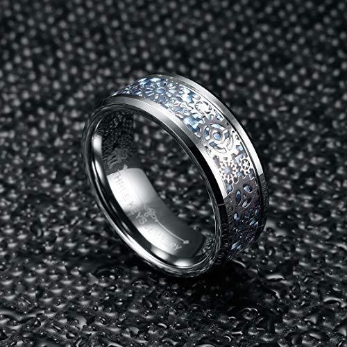 8mm Steampunk Gear Mechanical Blue Carbon Fiber Inlay Tungsten Wedding Ring-Rings-Innovato Design-6-Innovato Design