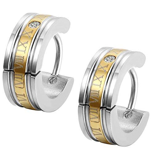 Men's Stainless Steel Engraved Roman Numerals Classic Polished Stud Hoop Huggie Earrings Gold Black Blue-Earrings-Innovato Design-Gold-Innovato Design
