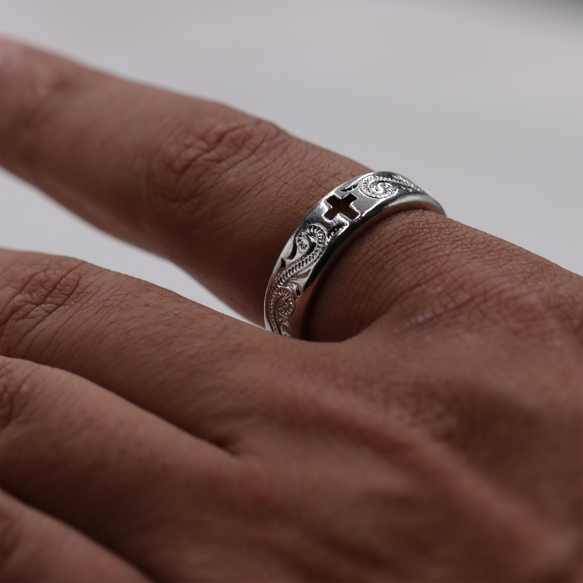 7mm Titanium Ring Hollow Cross Cut Out Hand Floral Design-Rings-Innovato Design-5-Innovato Design