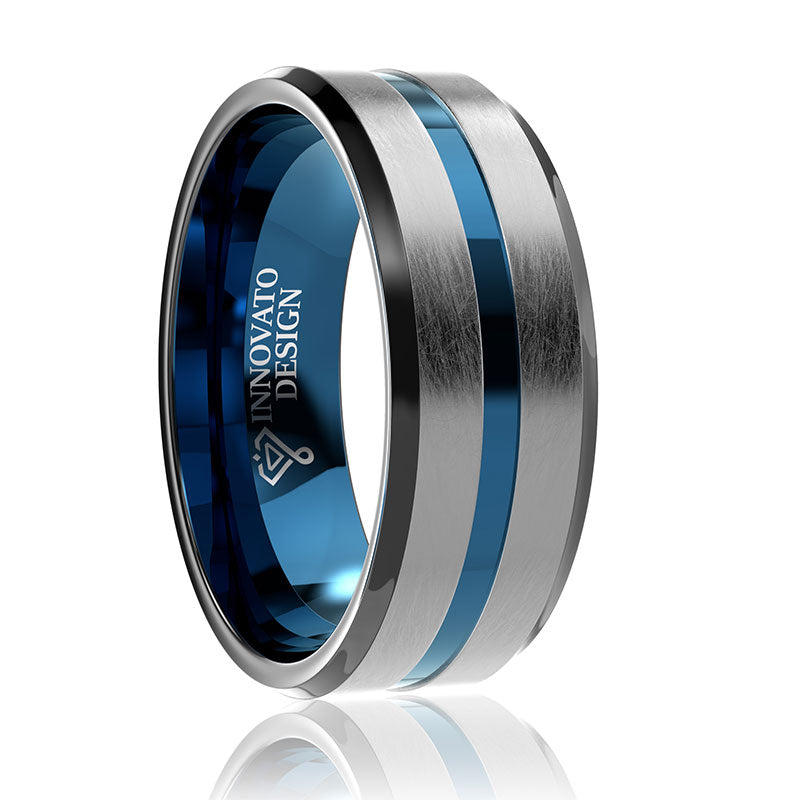 8mm Black with Blue Groove and Beveled Edges Tungsten Wedding Ring-Rings-Innovato Design-5-Innovato Design