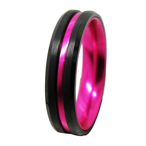 6mm Classic Black Beveled with Pink Inlay Tungsten Wedding Ring