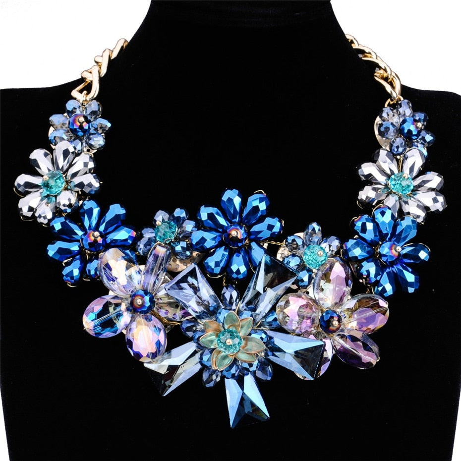 Fashion Charm Colorful Rhinestones Crystal Stone Flower Statement Bib Necklace-Necklaces-Innovato Design-Innovato Design
