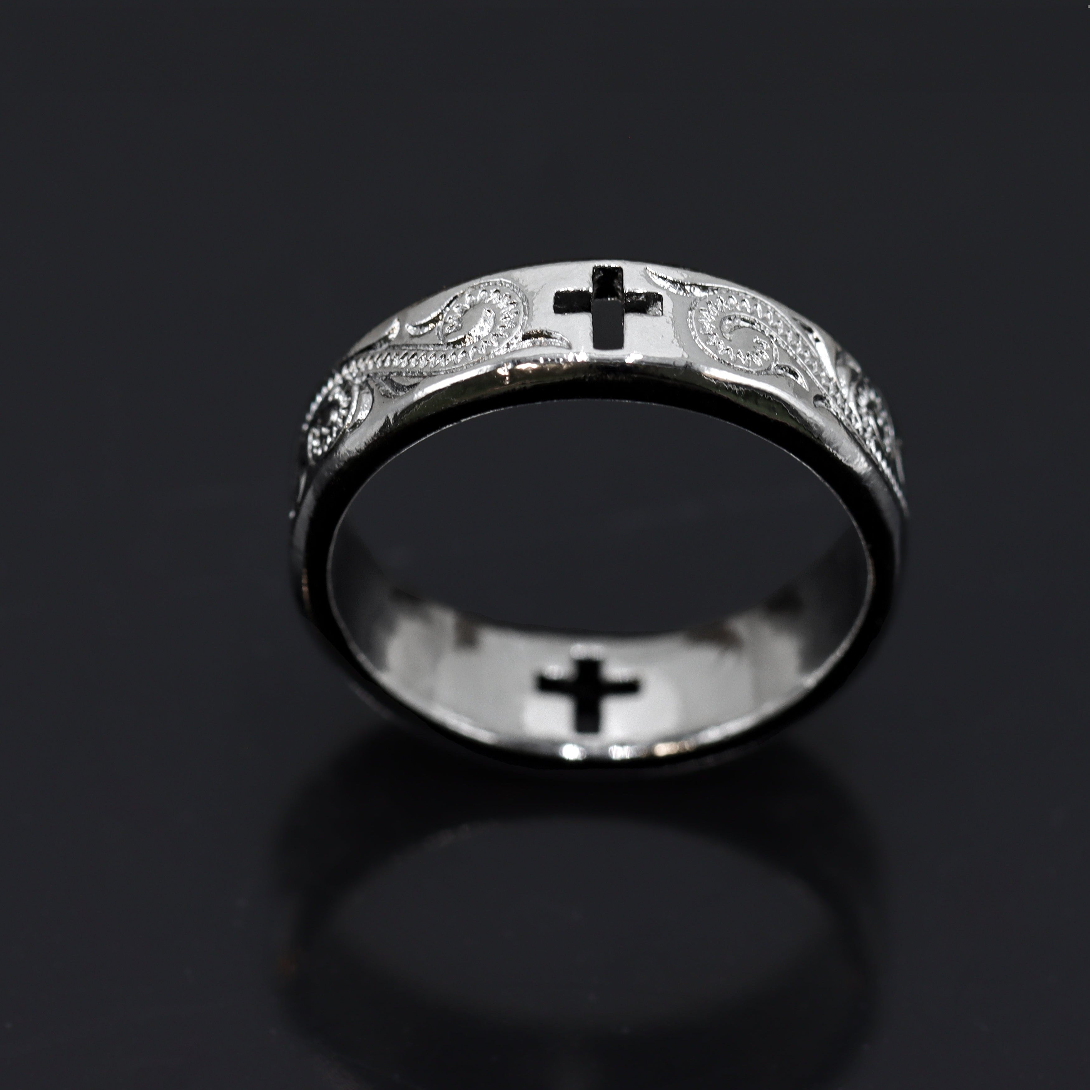 7mm Titanium Ring Hollow Cross Cut Out Hand Floral Design-Rings-Innovato Design-5-Innovato Design