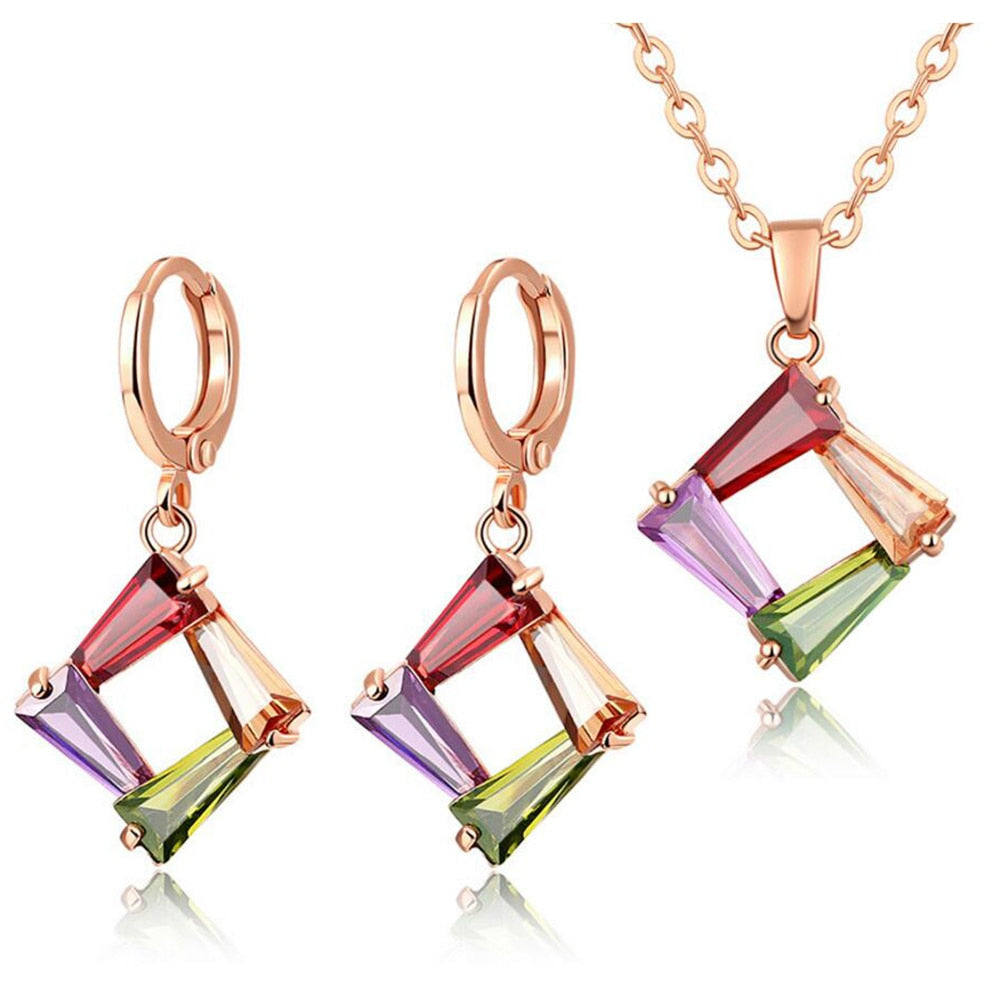 Rose-Gold-Plated Multicolor Cubic Zirconia Necklace & Earrings Wedding Jewelry Set-Jewelry Sets-Innovato Design-Innovato Design