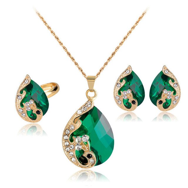 Crystal Necklace, Earrings & Ring Wedding Jewelry Set-Jewelry Sets-Innovato Design-Green-Innovato Design