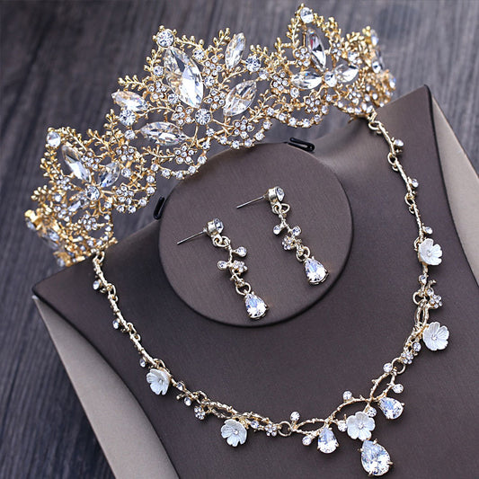 Baroque Light Gold, Crystal and Rhinestone Tiara, Necklace & Earrings Wedding Jewelry Set