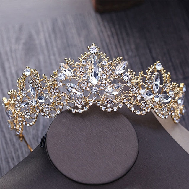 Baroque Light Gold, Crystal and Rhinestone Tiara, Necklace & Earrings Wedding Jewelry Set-Jewelry Sets-Innovato Design-Innovato Design