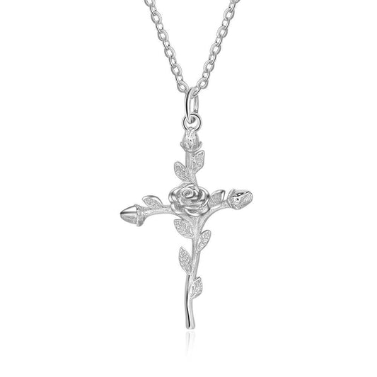 Sterling Silver Rose Stem Cross Pendant and Necklace-Necklaces-Innovato Design-Silver-Innovato Design