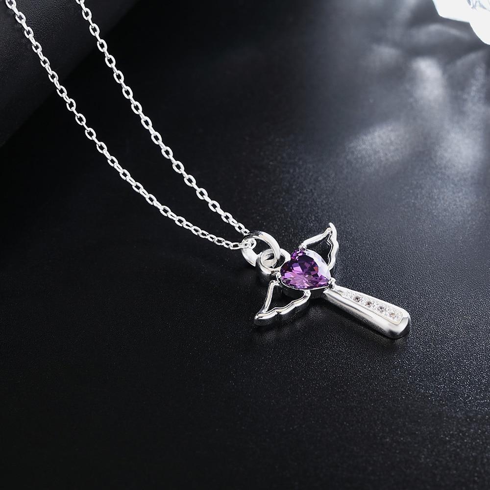 Angelic Sterling Silver Winged Crystal Heart Cross Pendant Necklace-Necklaces-Innovato Design-Purple-Innovato Design