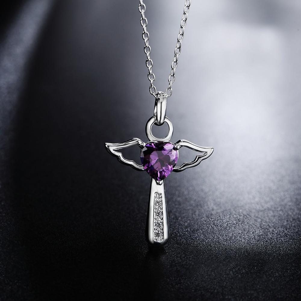Angelic Sterling Silver Winged Crystal Heart Cross Pendant Necklace-Necklaces-Innovato Design-Purple-Innovato Design