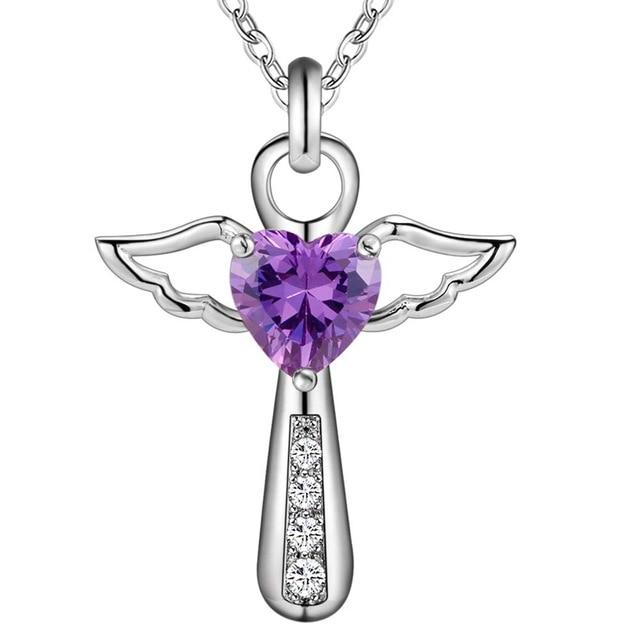 Angelic Sterling Silver Winged Crystal Heart Cross Pendant Necklace-Necklaces-Innovato Design-Purple-Innovato Design