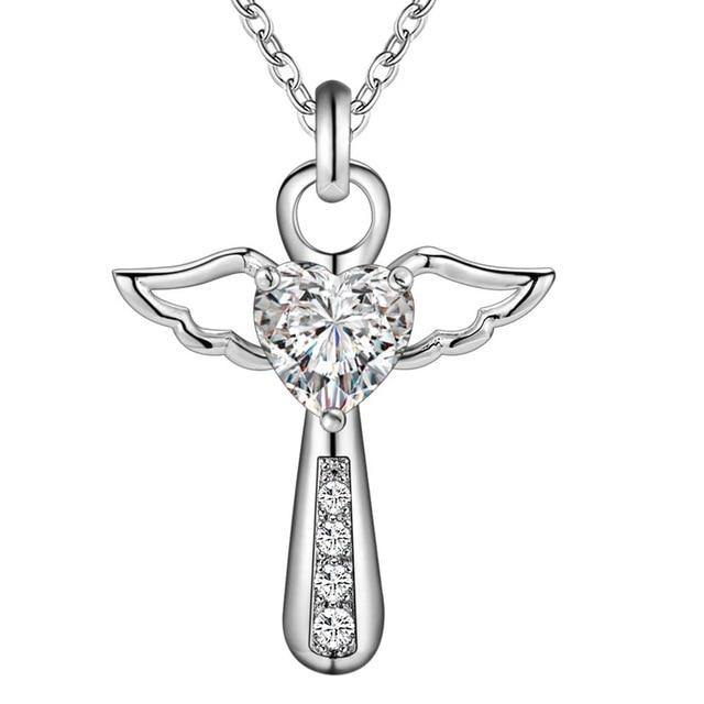 Angelic Sterling Silver Winged Crystal Heart Cross Pendant Necklace-Necklaces-Innovato Design-White-Innovato Design