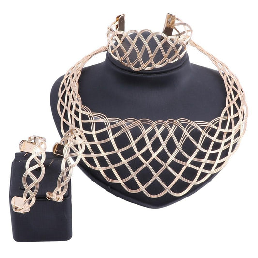 Gold-Plated Weaved Design Necklace, Bracelet & Earrings Wedding Statement Jewelry Set-Jewelry Sets-Innovato Design-Innovato Design