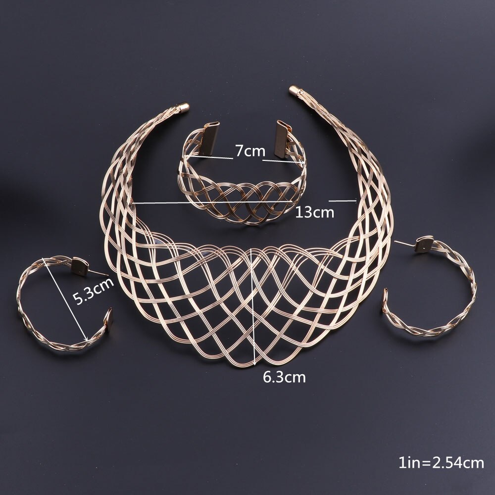 Gold-Plated Weaved Design Necklace, Bracelet & Earrings Wedding Statement Jewelry Set-Jewelry Sets-Innovato Design-Innovato Design