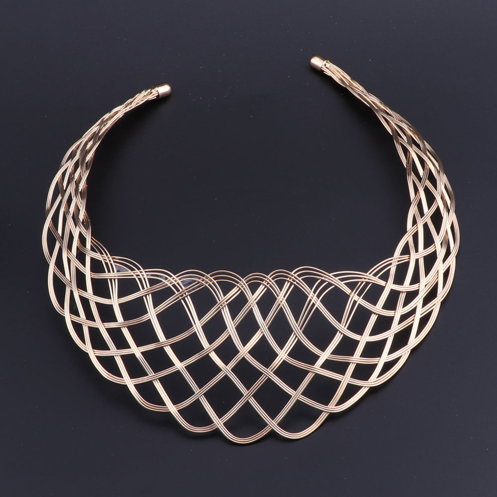 Gold-Plated Weaved Design Necklace, Bracelet & Earrings Wedding Statement Jewelry Set-Jewelry Sets-Innovato Design-Innovato Design