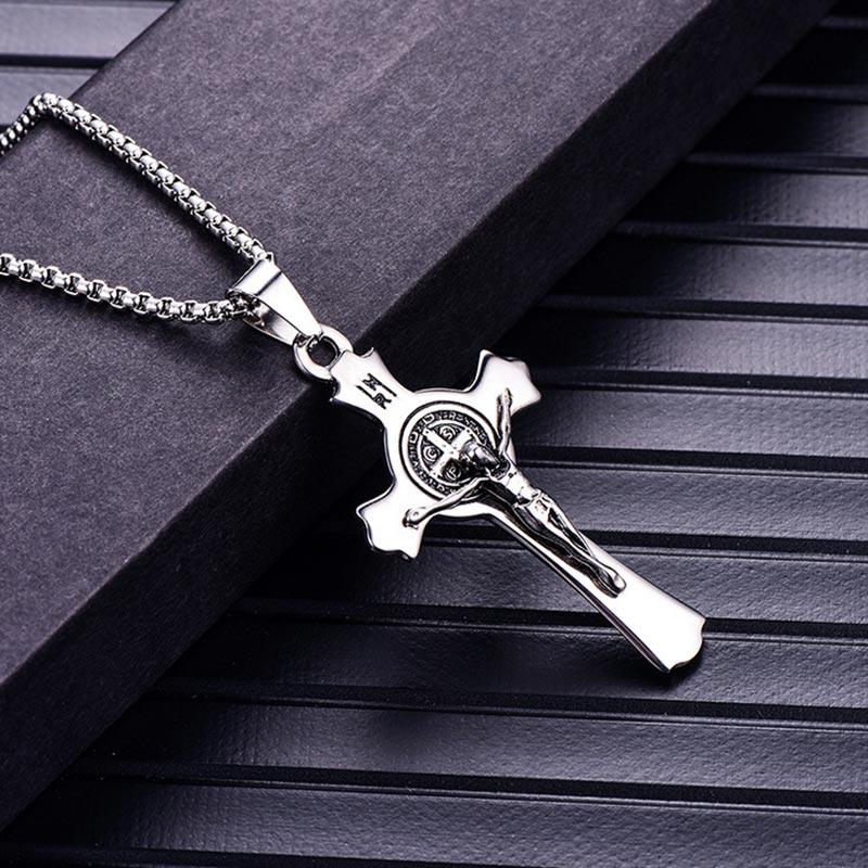 Silver & Black Stainless Steel Christian Pendant Necklace for Men-Necklaces-Innovato Design-Innovato Design