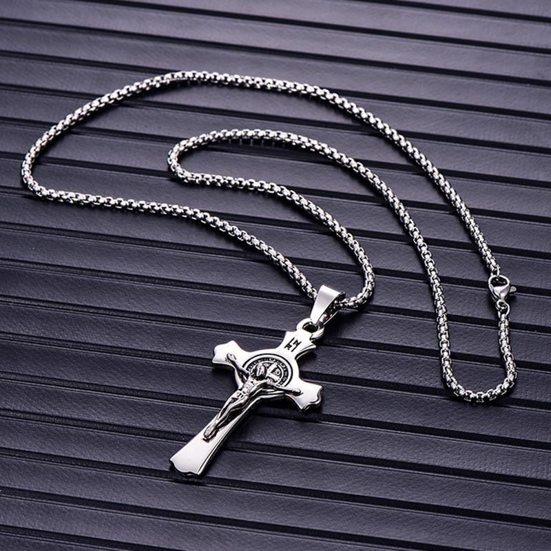 Silver & Black Stainless Steel Christian Pendant Necklace for Men-Necklaces-Innovato Design-Innovato Design