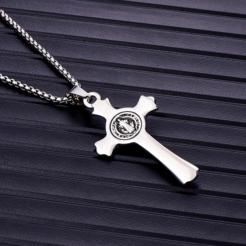 Silver & Black Stainless Steel Christian Pendant Necklace for Men-Necklaces-Innovato Design-Innovato Design