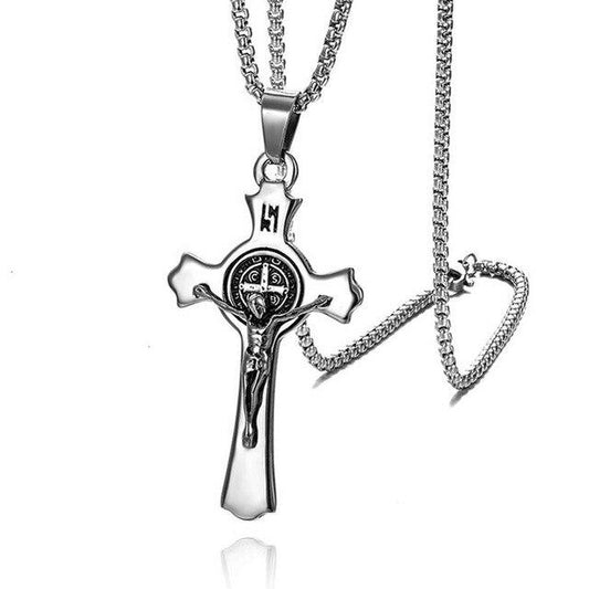Silver & Black Stainless Steel Christian Pendant Necklace for Men-Necklaces-Innovato Design-Innovato Design