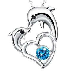 925 Sterling Silver Heart with Dolphin Mom and Baby with Sapphire Blue Crystal Necklace - InnovatoDesign