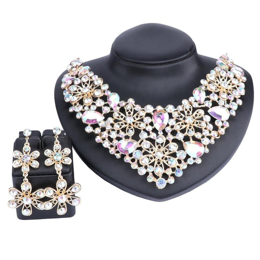 Crystal Flower Necklace & Earrings Wedding Statement Jewelry Set-Jewelry Sets-Innovato Design-Champagne-Innovato Design