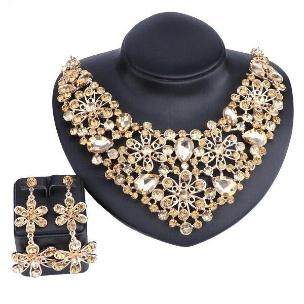 Crystal Flower Necklace & Earrings Wedding Statement Jewelry Set-Jewelry Sets-Innovato Design-Champagne-Innovato Design